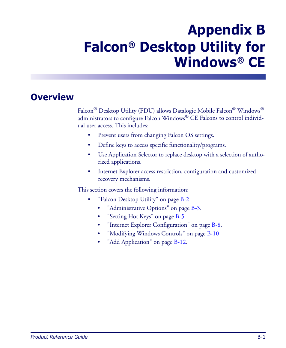 Falcon® desktop utility for windows® ce, Overview, Appendix | Appendix b falcon, Desktop utility for windows | Datalogic Scanning 4420 User Manual | Page 101 / 240