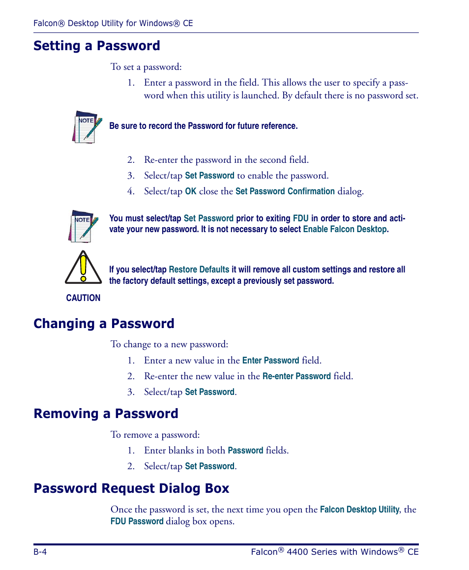 Setting a password, Changing a password, Removing a password | Password request dialog box | Datalogic Scanning 4420 User Manual | Page 104 / 240