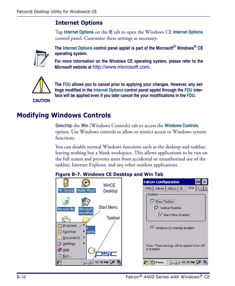 Internet options, Modifying windows controls, B-10 | Datalogic Scanning 4420 User Manual | Page 110 / 240