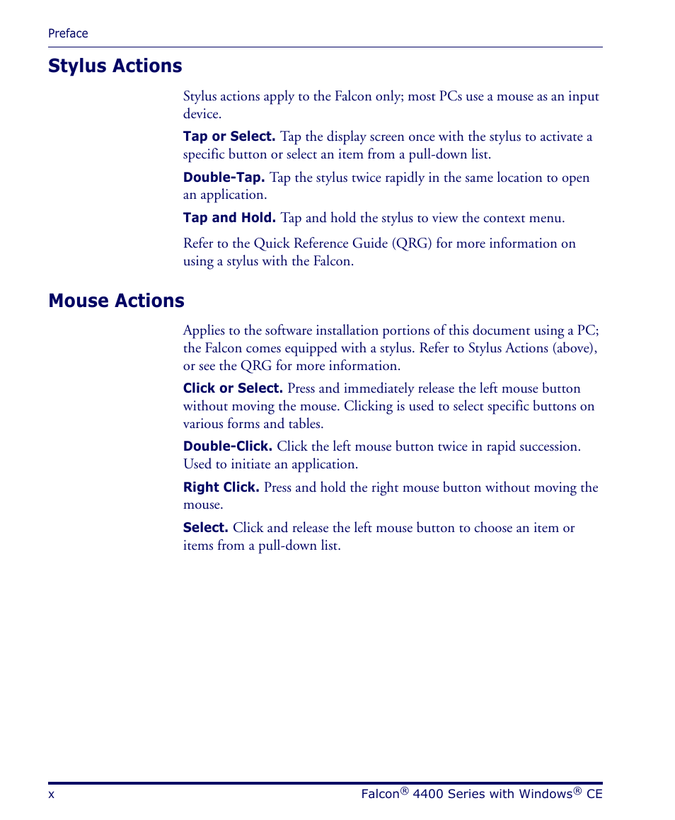 Stylus actions, Mouse actions | Datalogic Scanning 4420 User Manual | Page 12 / 240