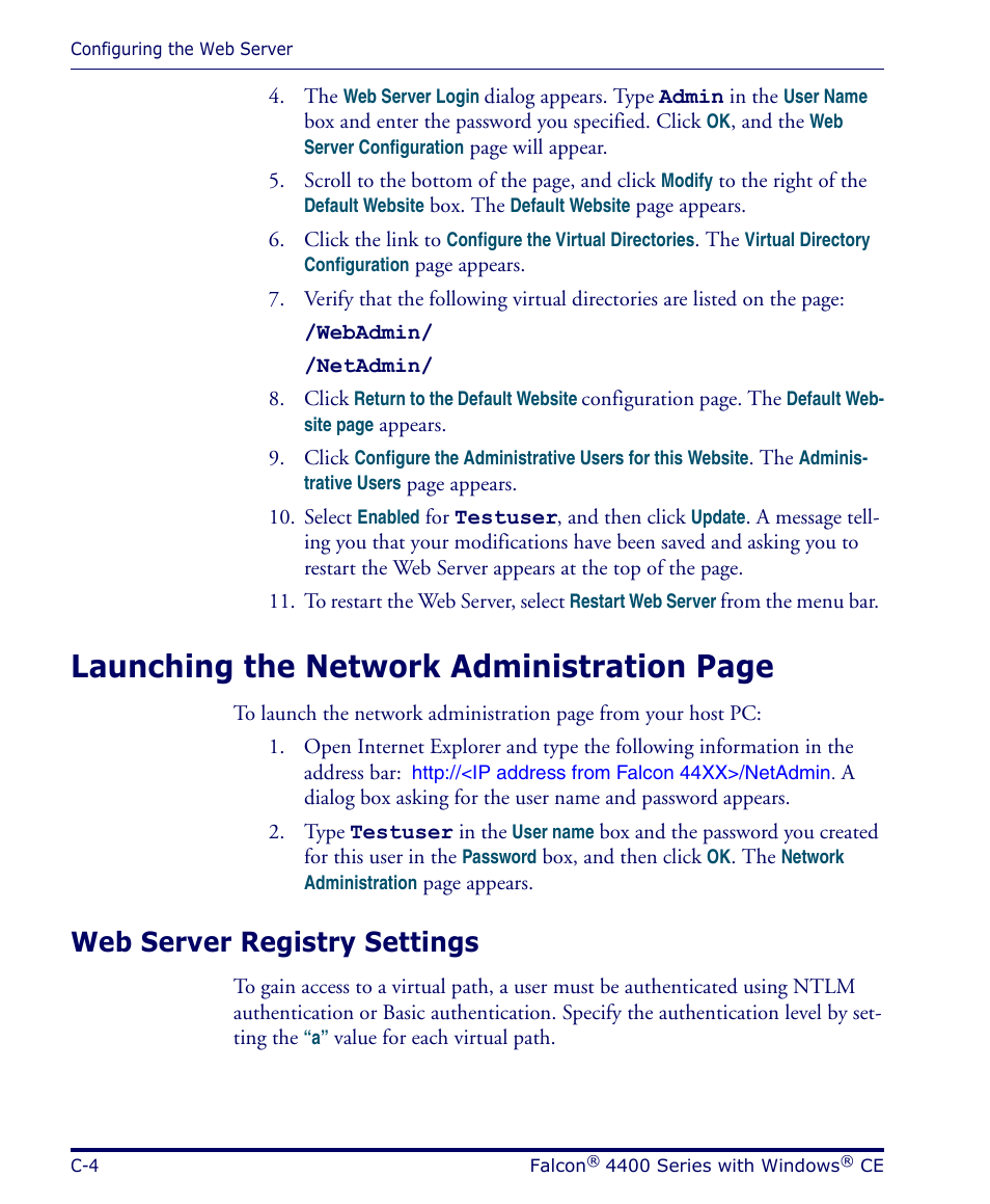 Web server registry settings, Launching the network administration page | Datalogic Scanning 4420 User Manual | Page 120 / 240