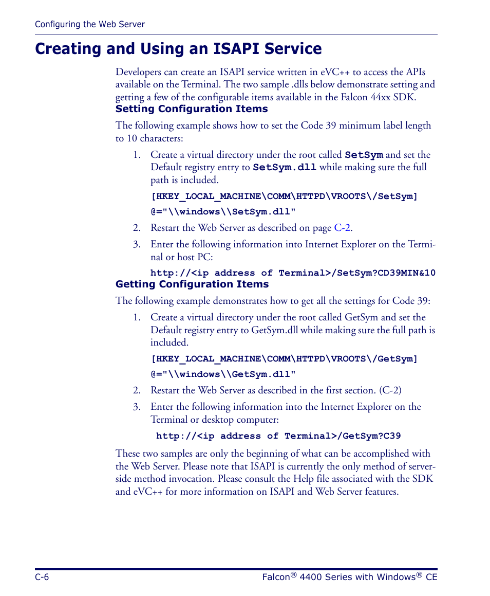 Creating and using an isapi service | Datalogic Scanning 4420 User Manual | Page 122 / 240