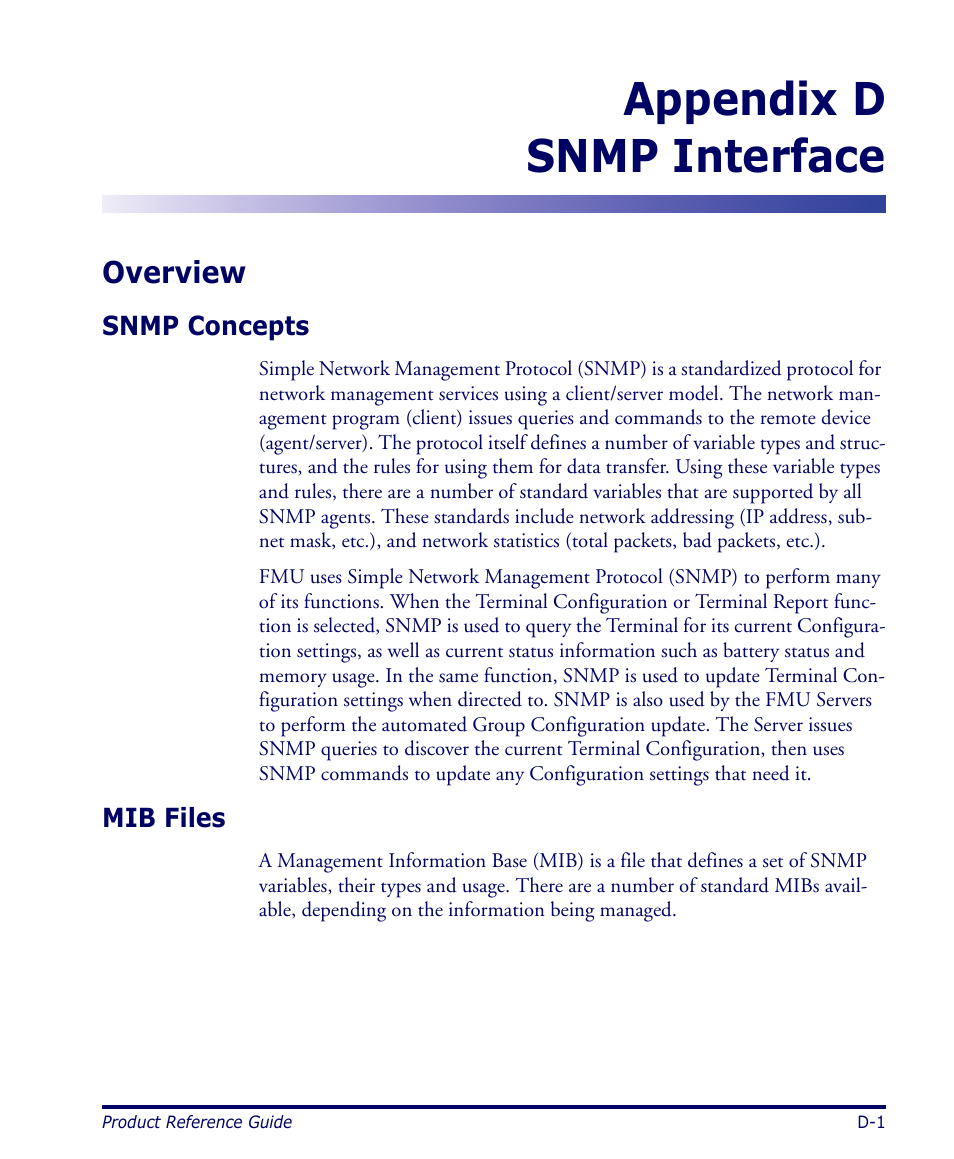 Snmp interface, Overview, Snmp concepts | Mib files, Appendix, Snmp interface, describes snmp (s, Appendix d snmp interface | Datalogic Scanning 4420 User Manual | Page 123 / 240