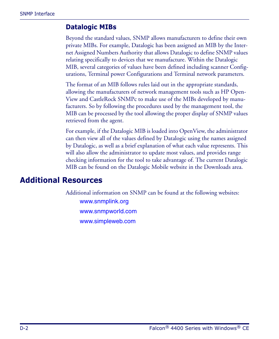 Datalogic mibs, Additional resources | Datalogic Scanning 4420 User Manual | Page 124 / 240