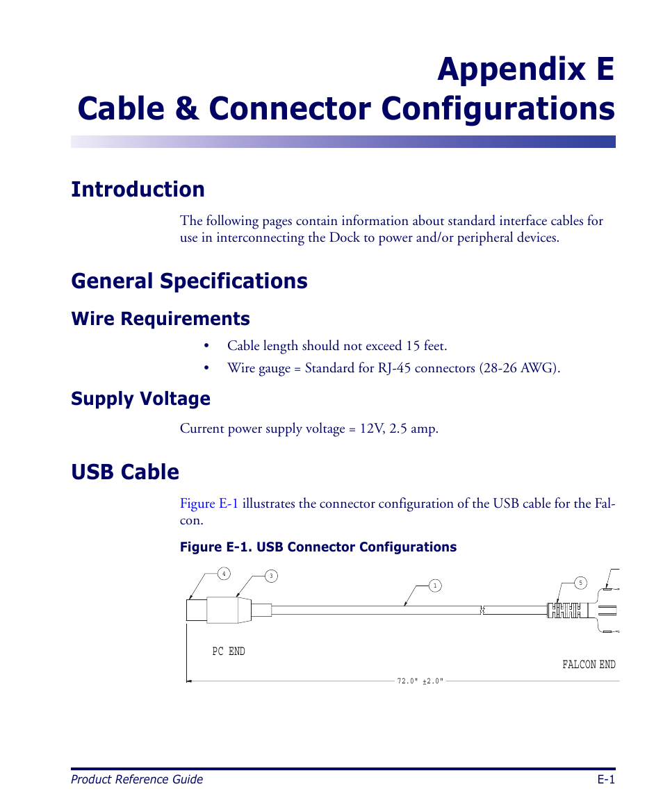 Cable & connector configurations, Introduction, General specifications | Wire requirements, Supply voltage, Usb cable, Appendix, Appendix e cable & connector configurations | Datalogic Scanning 4420 User Manual | Page 125 / 240