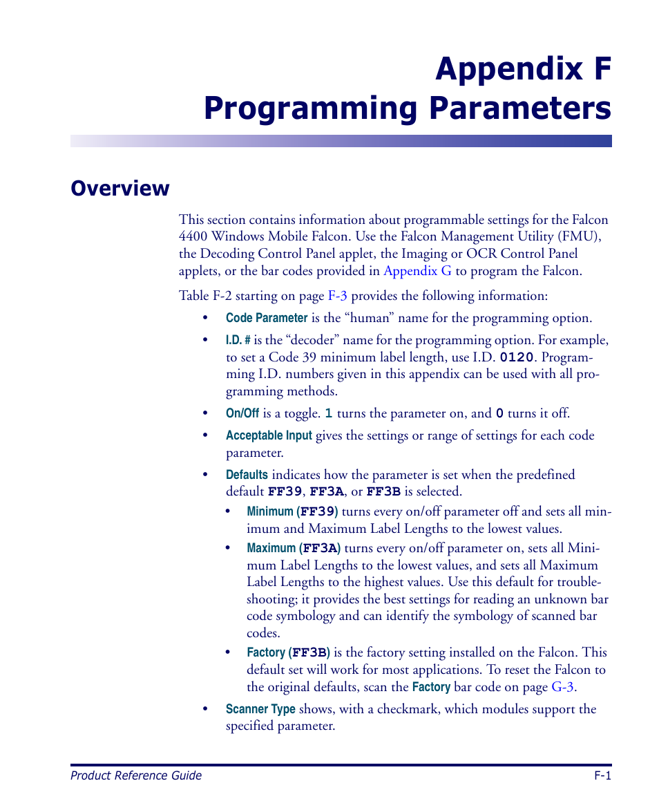 Programming parameters, Overview, Appendix | Programming parameters, pr, Appendix f programming parameters | Datalogic Scanning 4420 User Manual | Page 127 / 240