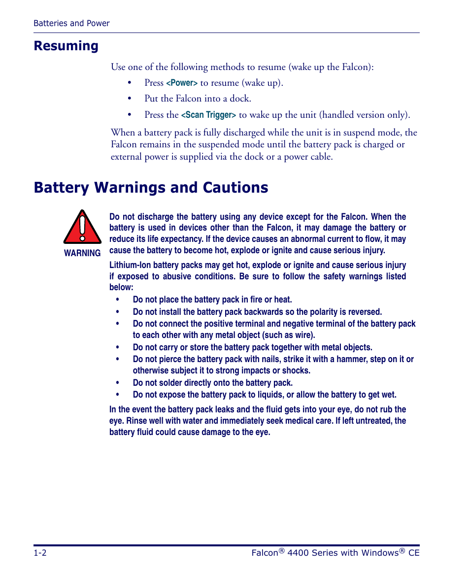 Resuming, Battery warnings and cautions, Resuming -2 | Battery warnings and cautions -2 | Datalogic Scanning 4420 User Manual | Page 14 / 240