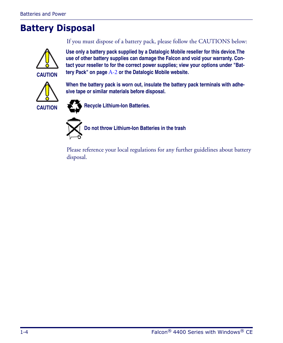 Battery disposal, Battery disposal -4 | Datalogic Scanning 4420 User Manual | Page 16 / 240