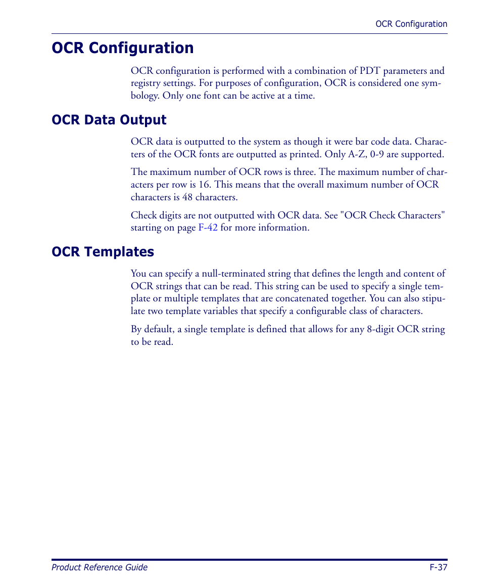 Ocr configuration, Ocr data output, Ocr templates | F-37 | Datalogic Scanning 4420 User Manual | Page 163 / 240