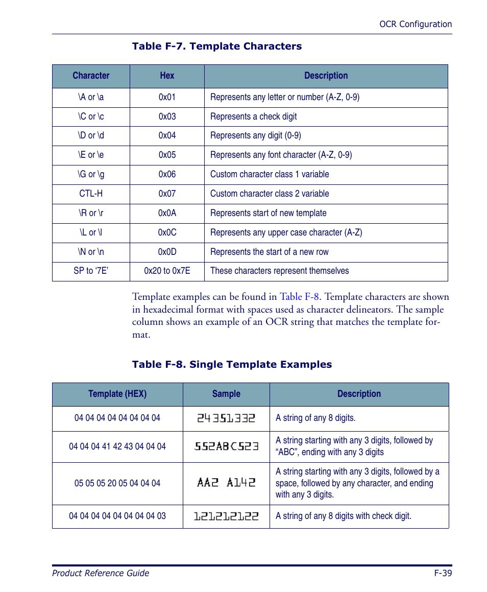F-39, Fied in, Table f-7 | Datalogic Scanning 4420 User Manual | Page 165 / 240