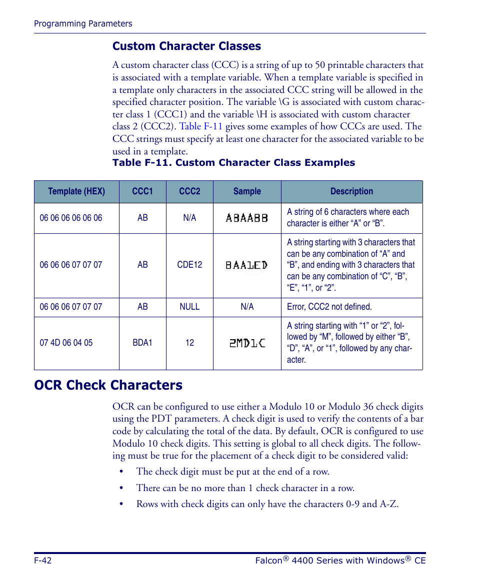 Custom character classes, Ocr check characters, F-42 | For mor | Datalogic Scanning 4420 User Manual | Page 168 / 240