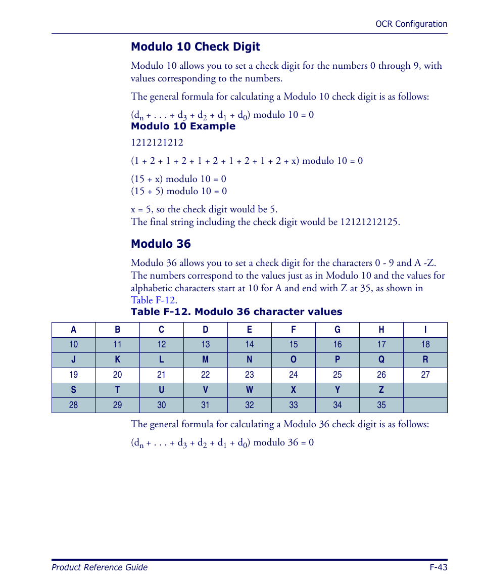 Modulo 10 check digit, Modulo 36 | Datalogic Scanning 4420 User Manual | Page 169 / 240