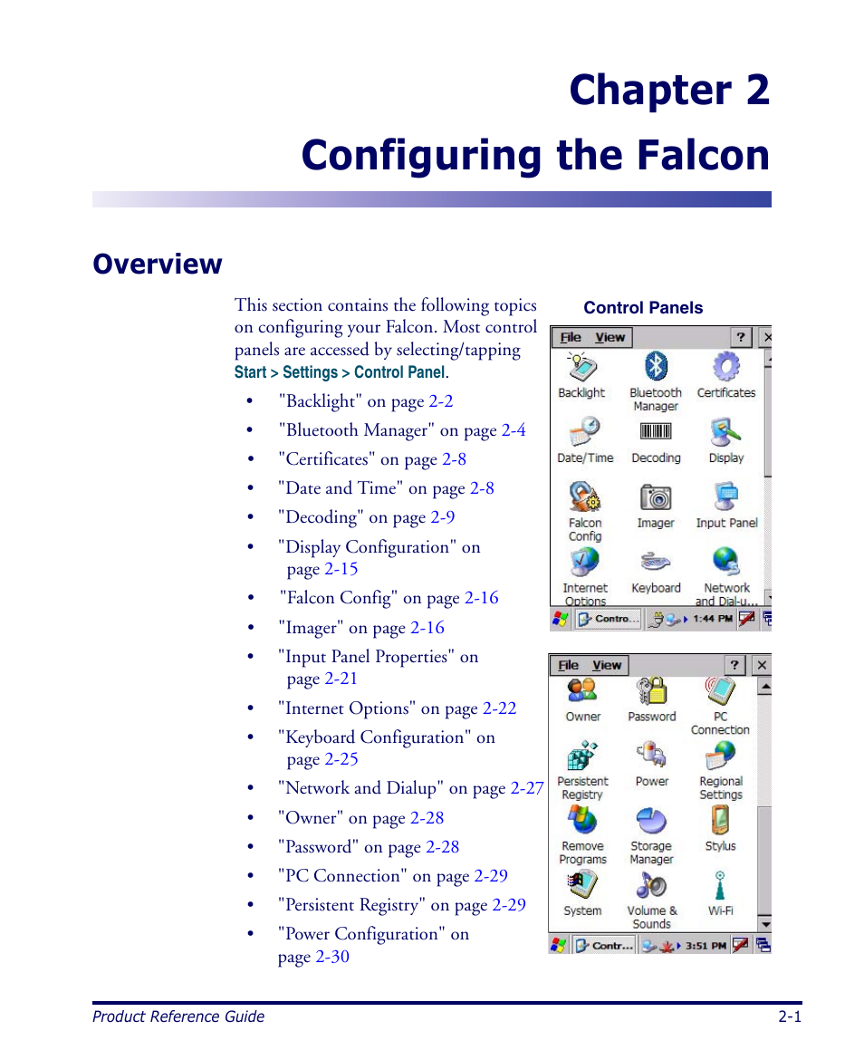 Configuring the falcon, Overview, Chapter 2. configuring the falcon -1 | Overview -1, Chapter, Chapter 2 configuring the falcon | Datalogic Scanning 4420 User Manual | Page 17 / 240