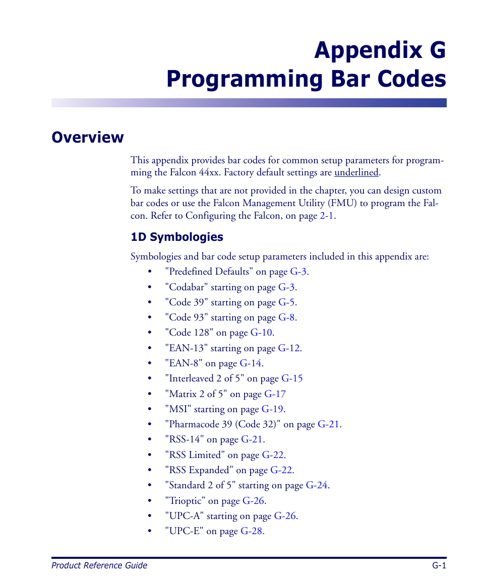 Programming bar codes, Overview, 1d symbologies | Appendix, Programming bar codes, p, Appendix g, Appendix g programming bar codes | Datalogic Scanning 4420 User Manual | Page 173 / 240