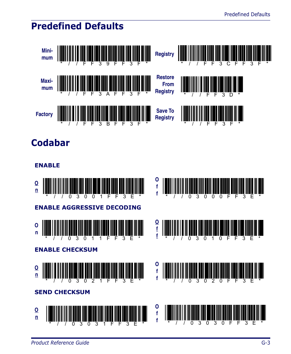 Predefined defaults, Codabar, Predefined defaults codabar | Datalogic Scanning 4420 User Manual | Page 175 / 240