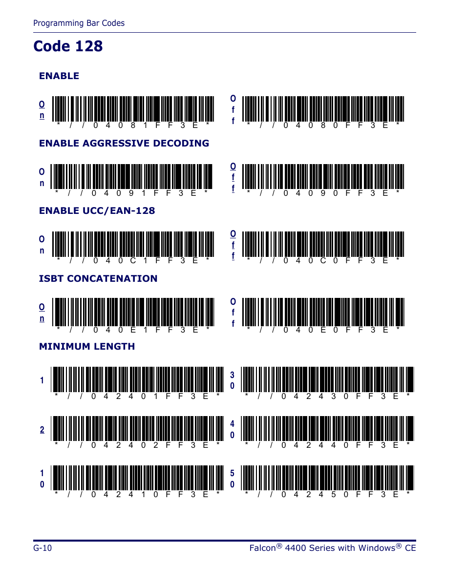 Code 128, G-10 | Datalogic Scanning 4420 User Manual | Page 182 / 240