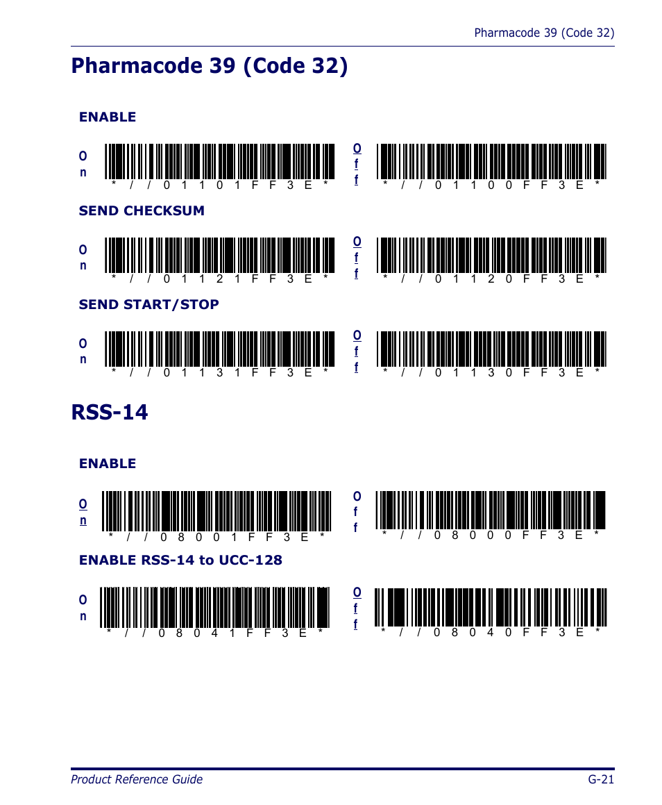 Pharmacode 39 (code 32), Rss-14, G-21 | Datalogic Scanning 4420 User Manual | Page 193 / 240