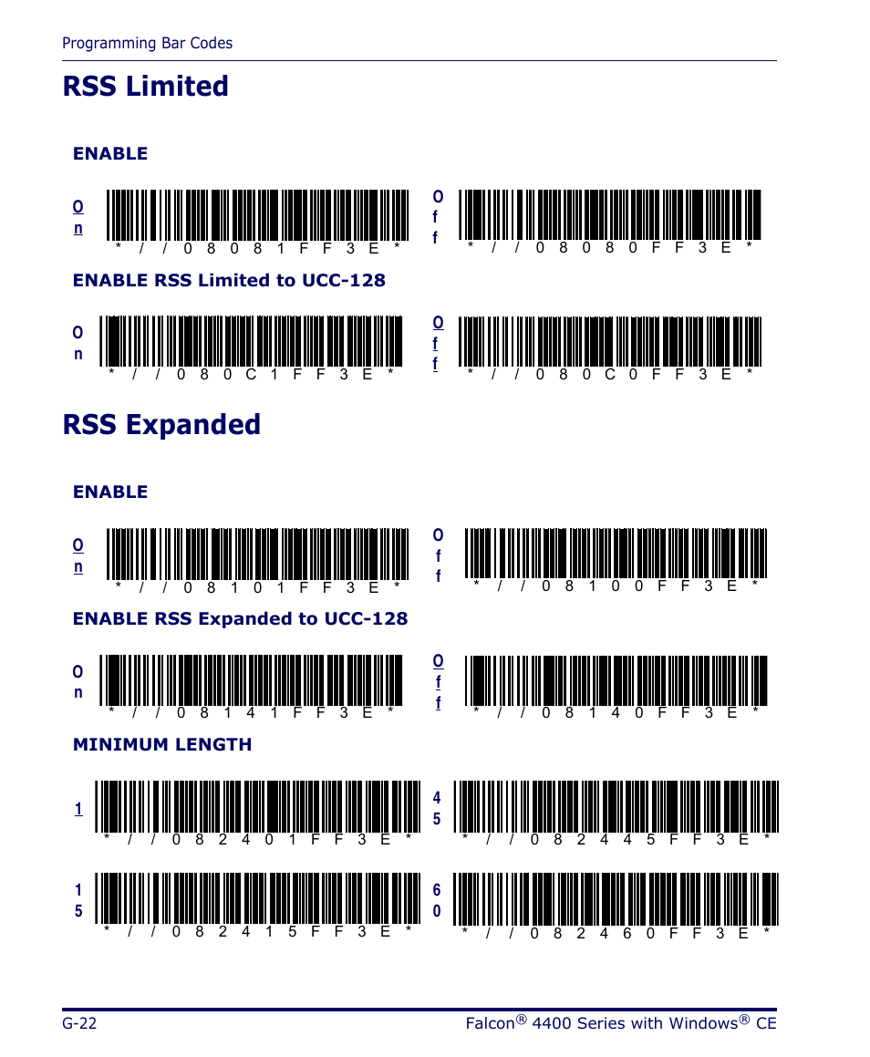 Rss limited, Rss expanded, G-22 | Rss limited rss expanded | Datalogic Scanning 4420 User Manual | Page 194 / 240