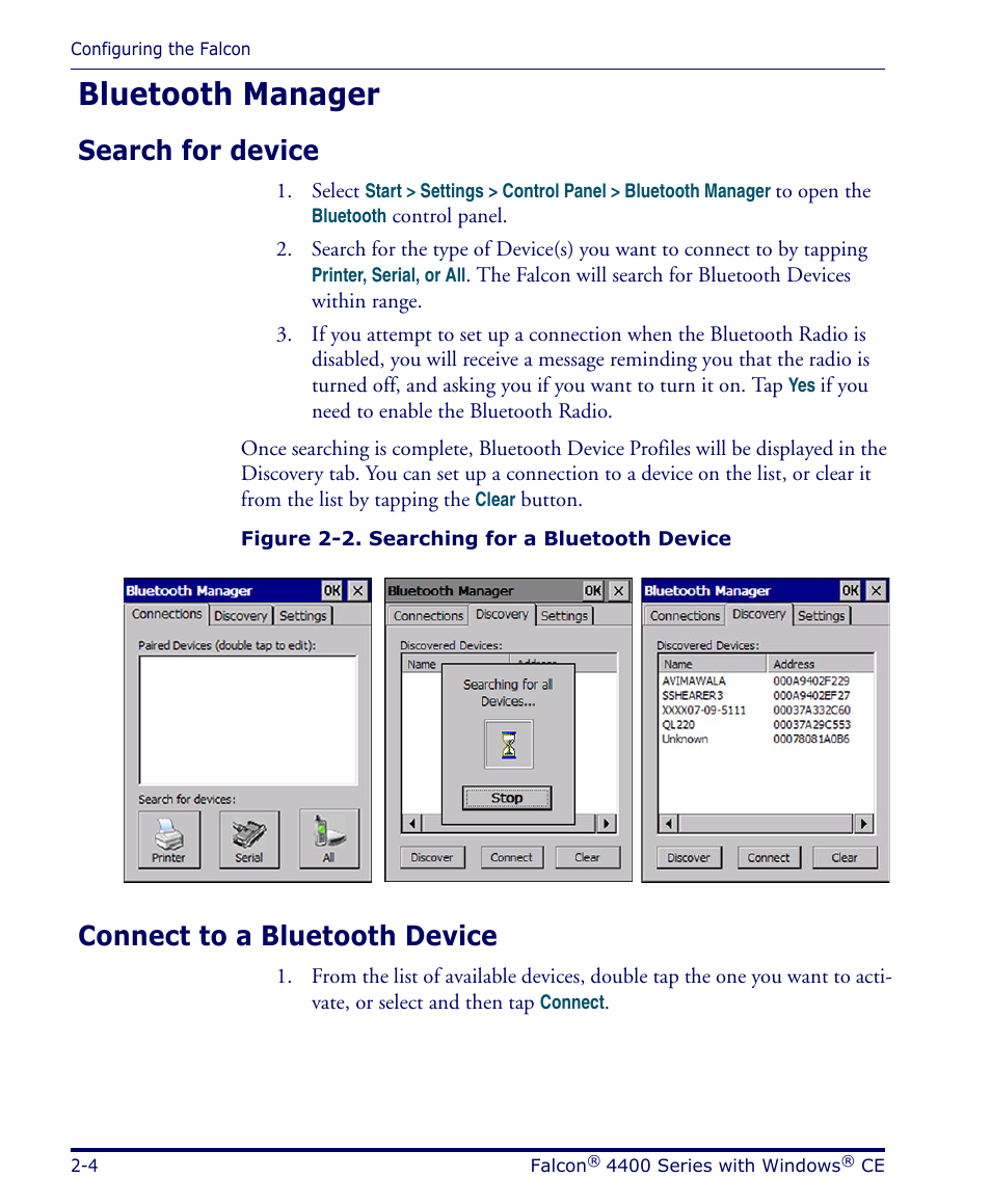 Bluetooth manager, Search for device, Connect to a bluetooth device | Bluetooth manager -4 | Datalogic Scanning 4420 User Manual | Page 20 / 240