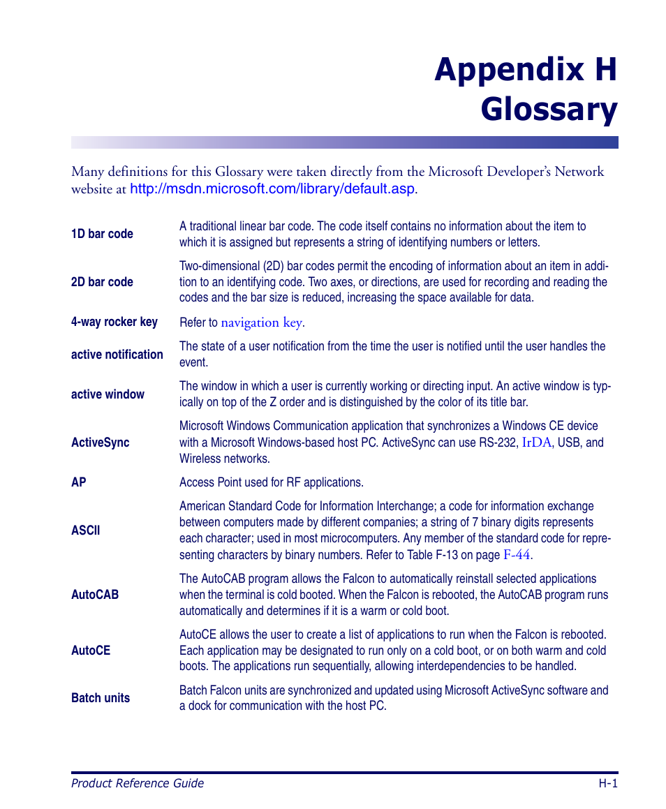 Glossary, Appendix, Set to 3 | Ascii, Code z, Appendix h glossary | Datalogic Scanning 4420 User Manual | Page 223 / 240