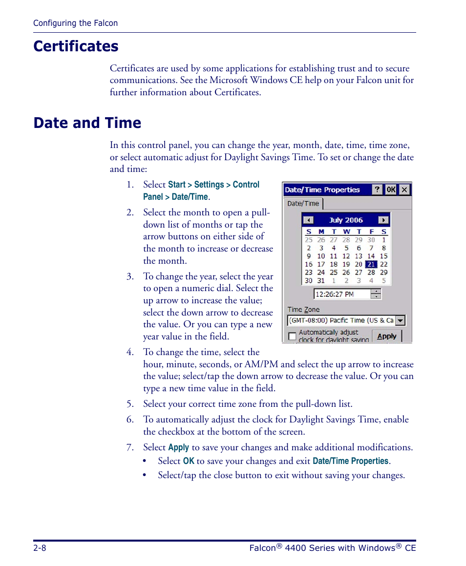 Certificates, Date and time, Certificates -8 date and time -8 | Datalogic Scanning 4420 User Manual | Page 24 / 240
