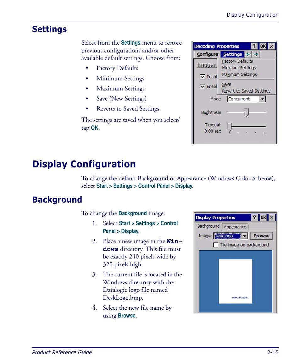 Settings, Display configuration, Background | Settings -15, Display configuration -15, Background -15, Display configuration" on | Datalogic Scanning 4420 User Manual | Page 31 / 240