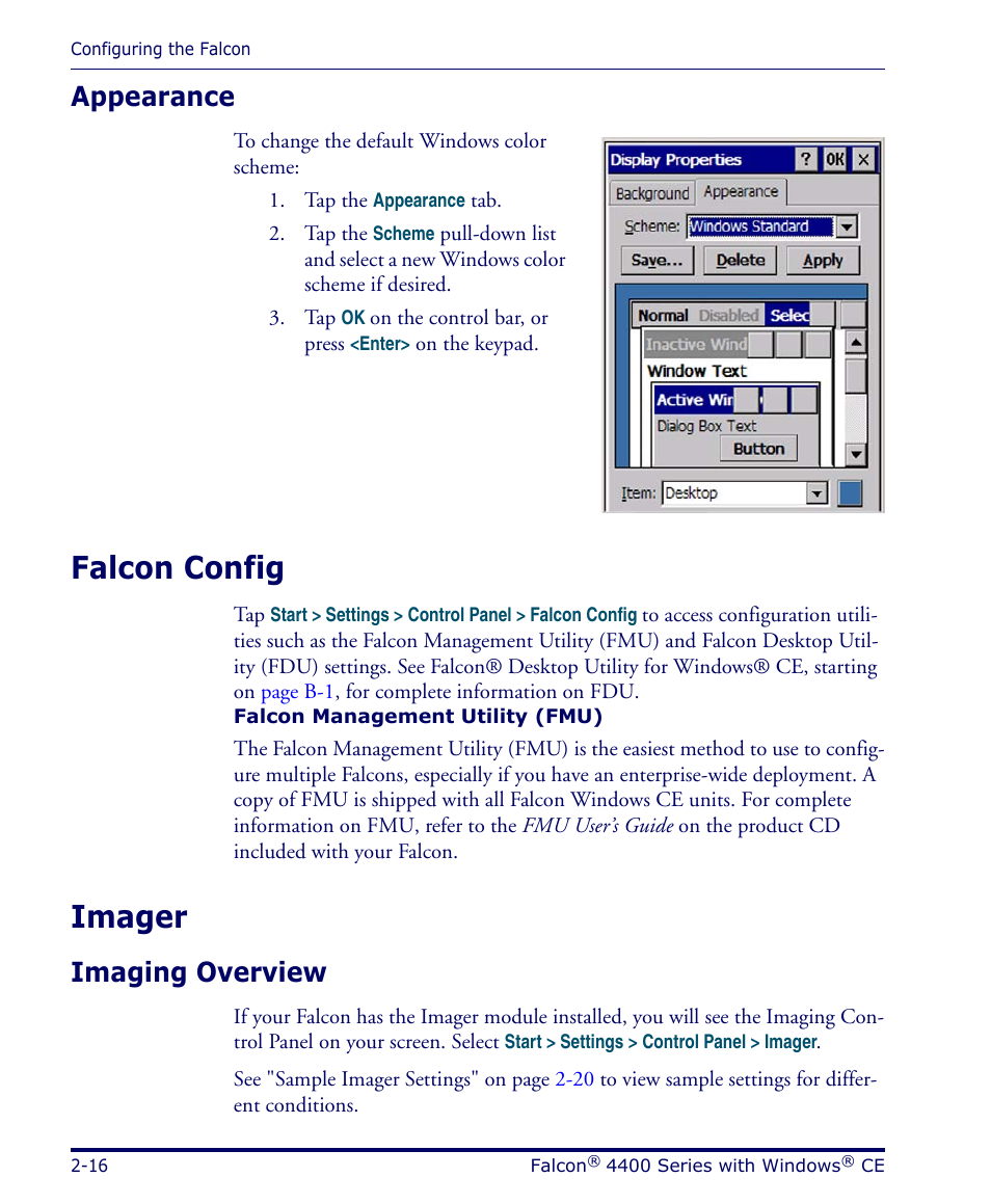 Appearance, Falcon config, Imager | Imaging overview, Appearance -16, Falcon config -16 imager -16, Imaging overview -16 | Datalogic Scanning 4420 User Manual | Page 32 / 240