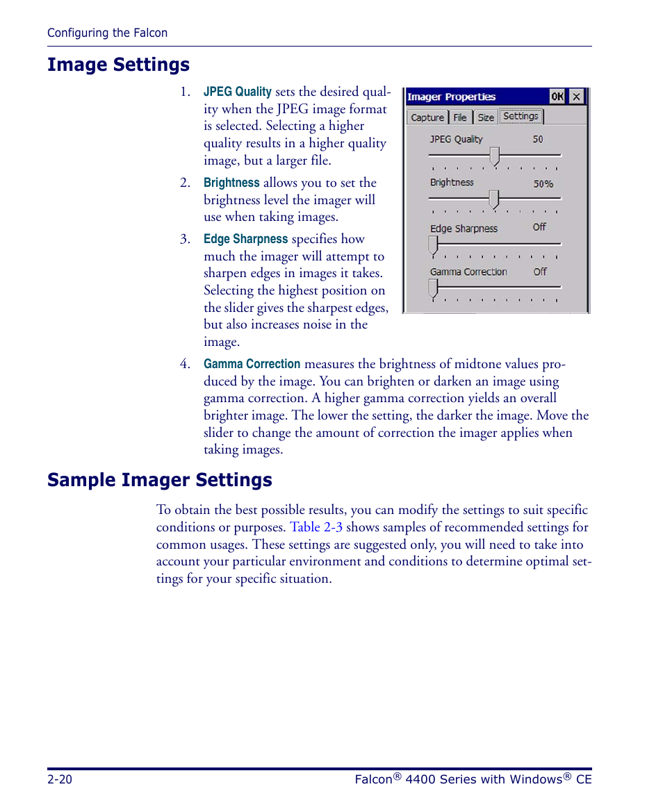Image settings, Sample imager settings, Image settings -20 sample imager settings -20 | Datalogic Scanning 4420 User Manual | Page 36 / 240