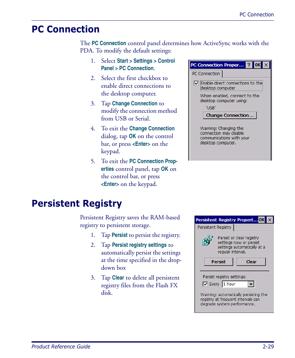 Pc connection, Persistent registry, Pc connection -29 persistent registry -29 | Datalogic Scanning 4420 User Manual | Page 45 / 240