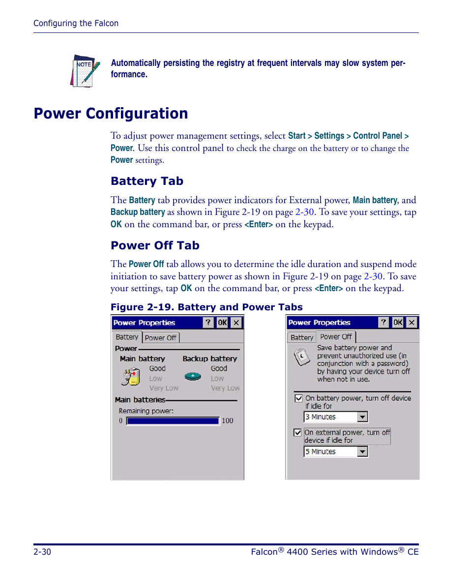 Power configuration, Battery tab, Power off tab | Power configuration -30 | Datalogic Scanning 4420 User Manual | Page 46 / 240