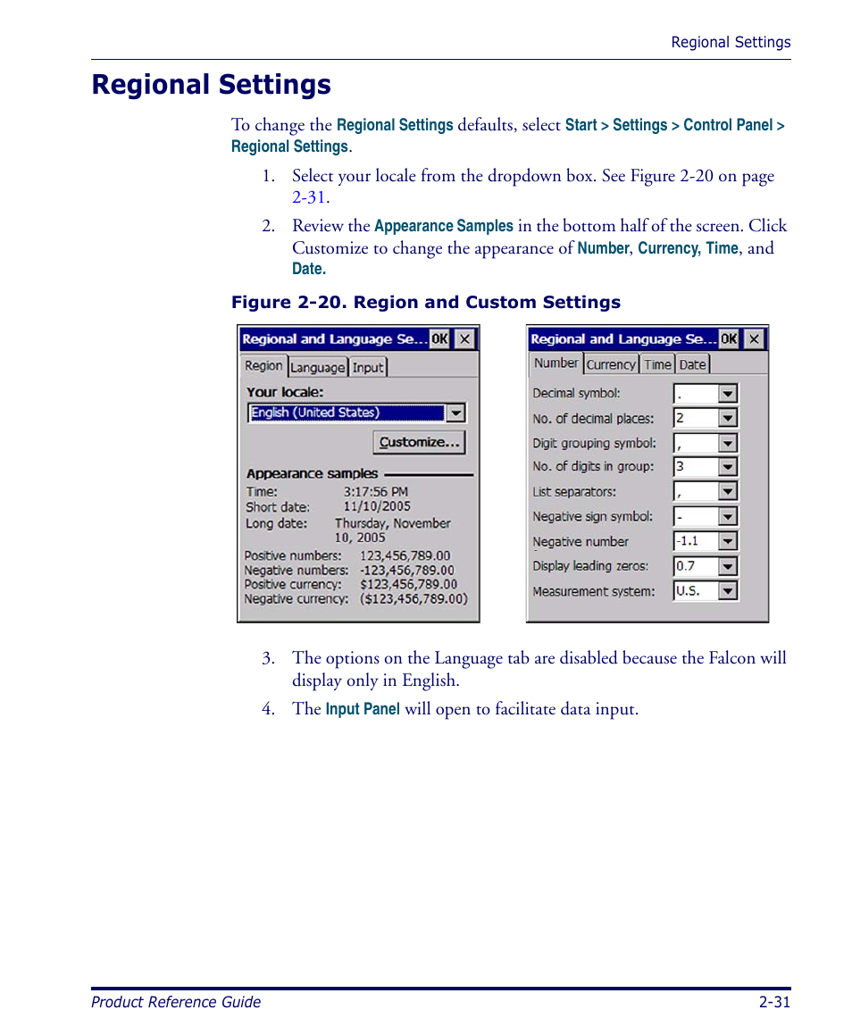 Regional settings, Regional settings -31 | Datalogic Scanning 4420 User Manual | Page 47 / 240