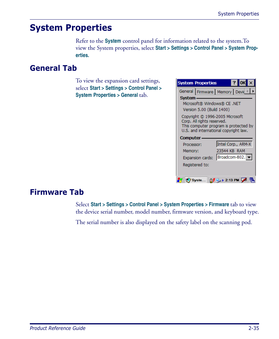 System properties, General tab, Firmware tab | System properties -35, General tab -35 firmware tab -35 | Datalogic Scanning 4420 User Manual | Page 51 / 240