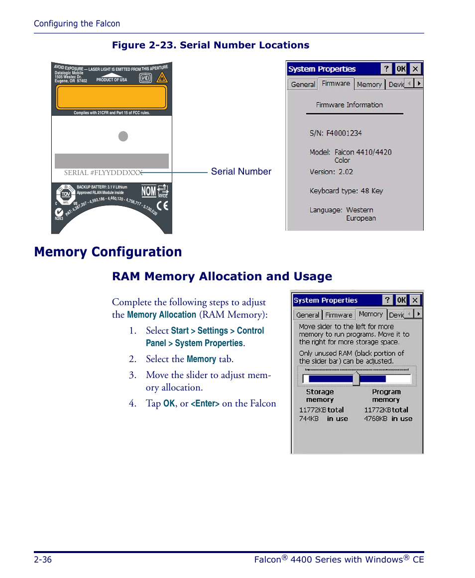 Memory configuration, Ram memory allocation and usage, Memory configuration -36 | Complete the following steps to adjust the, Select the, On the falcon, Figure 2-23. serial number locations, Enter, Serial number, Configuring the falcon 2-36 falcon | Datalogic Scanning 4420 User Manual | Page 52 / 240