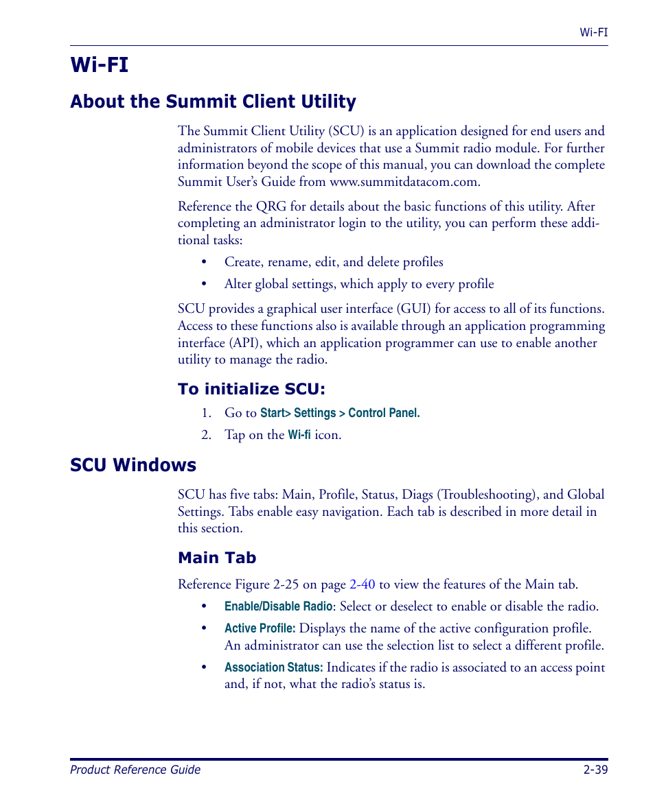 Wi-fi, About the summit client utility, To initialize scu | Scu windows, Main tab, Wi-fi -39 | Datalogic Scanning 4420 User Manual | Page 55 / 240