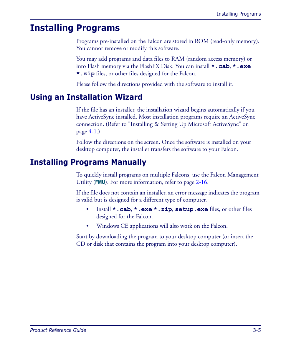 Installing programs, Using an installation wizard, Installing programs manually | Installing programs -5 | Datalogic Scanning 4420 User Manual | Page 65 / 240