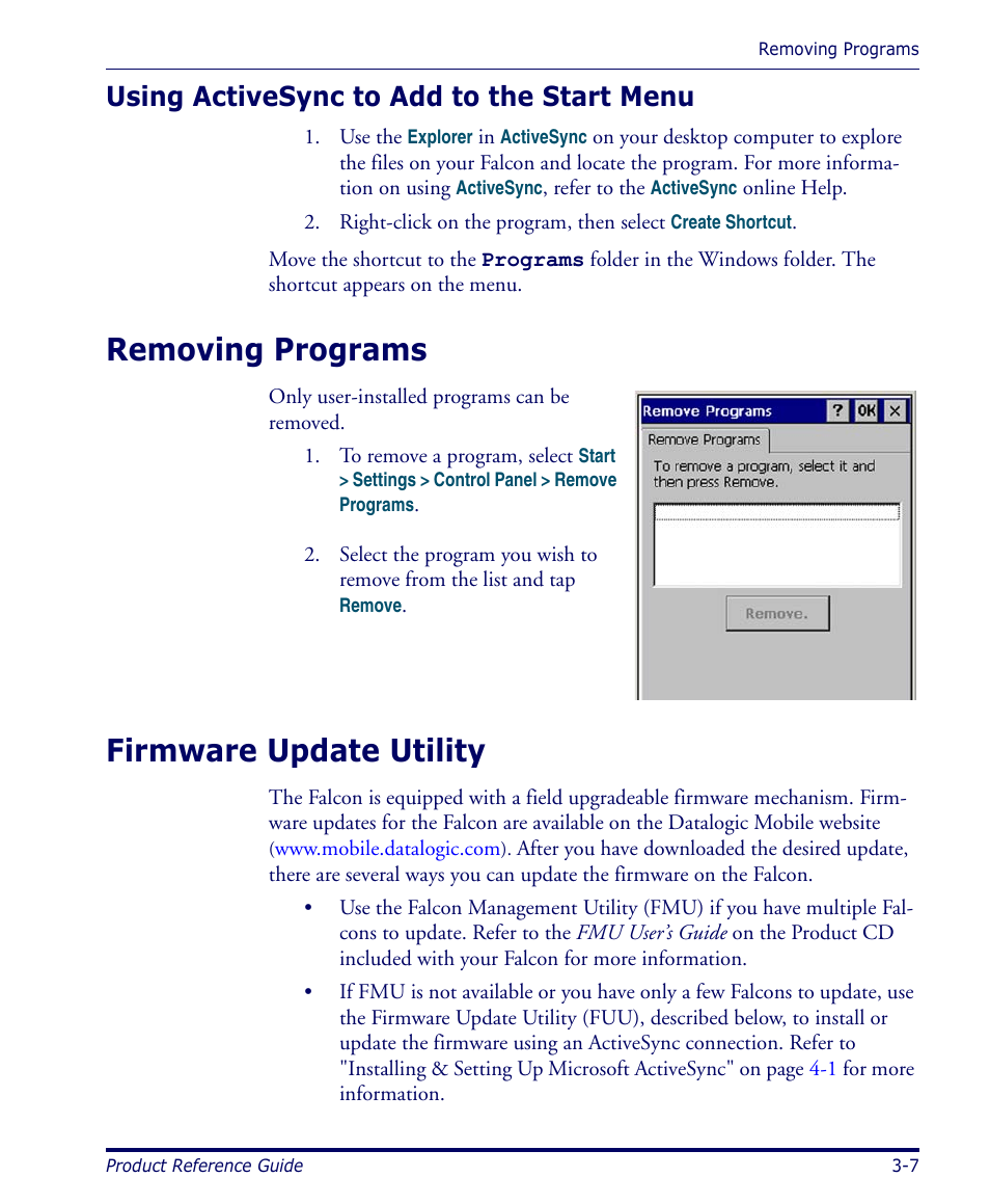 Using activesync to add to the start menu, Removing programs, Firmware update utility | Using activesync to add to the start menu -7, Removing programs -7 firmware update utility -7 | Datalogic Scanning 4420 User Manual | Page 67 / 240