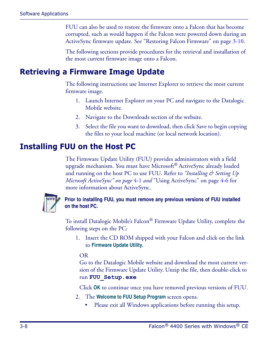 Retrieving a firmware image update, Installing fuu on the host pc | Datalogic Scanning 4420 User Manual | Page 68 / 240
