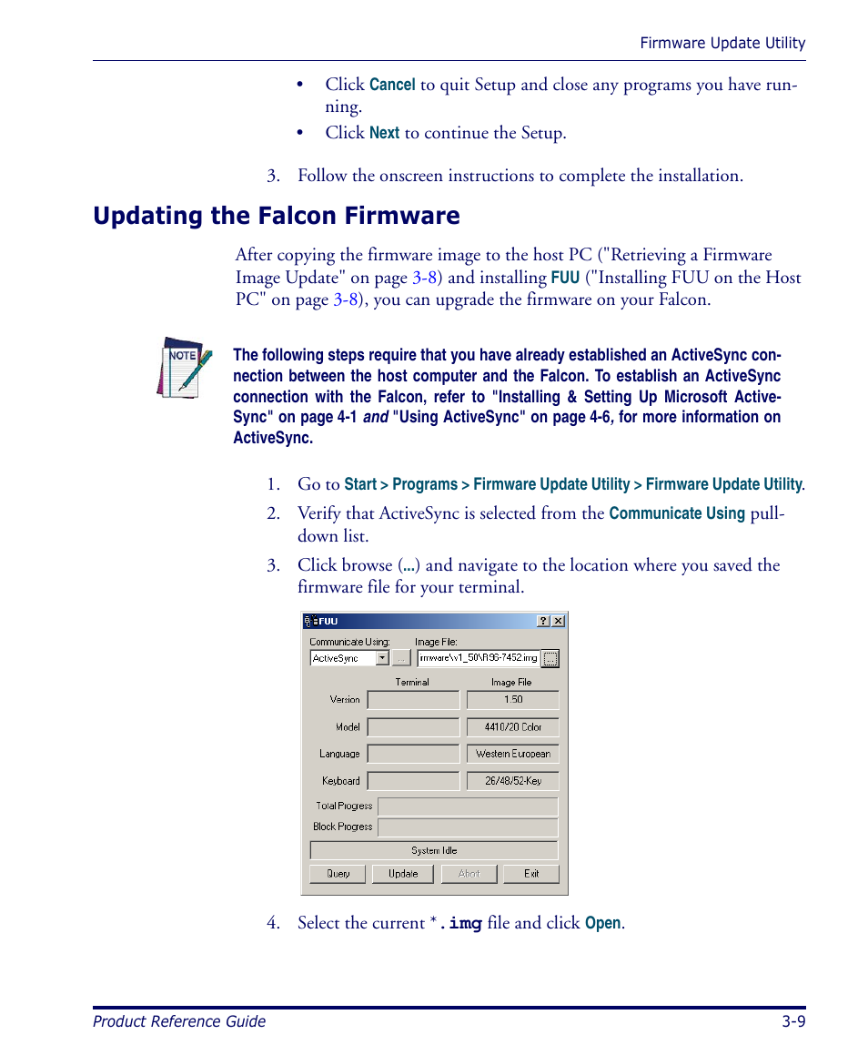 Updating the falcon firmware, Updating the falcon firmware -9 | Datalogic Scanning 4420 User Manual | Page 69 / 240