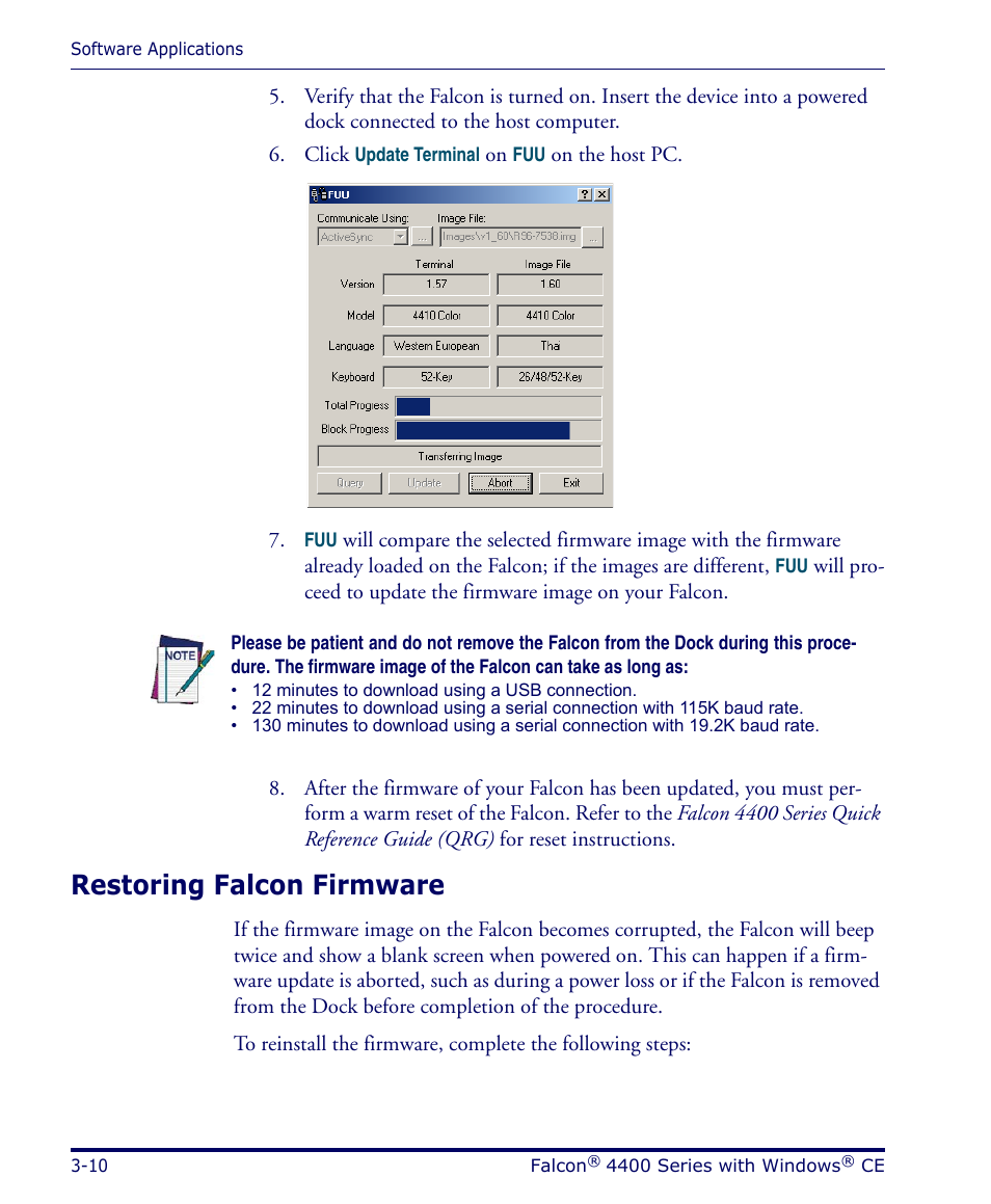 Restoring falcon firmware, Restoring falcon firmware -10 | Datalogic Scanning 4420 User Manual | Page 70 / 240
