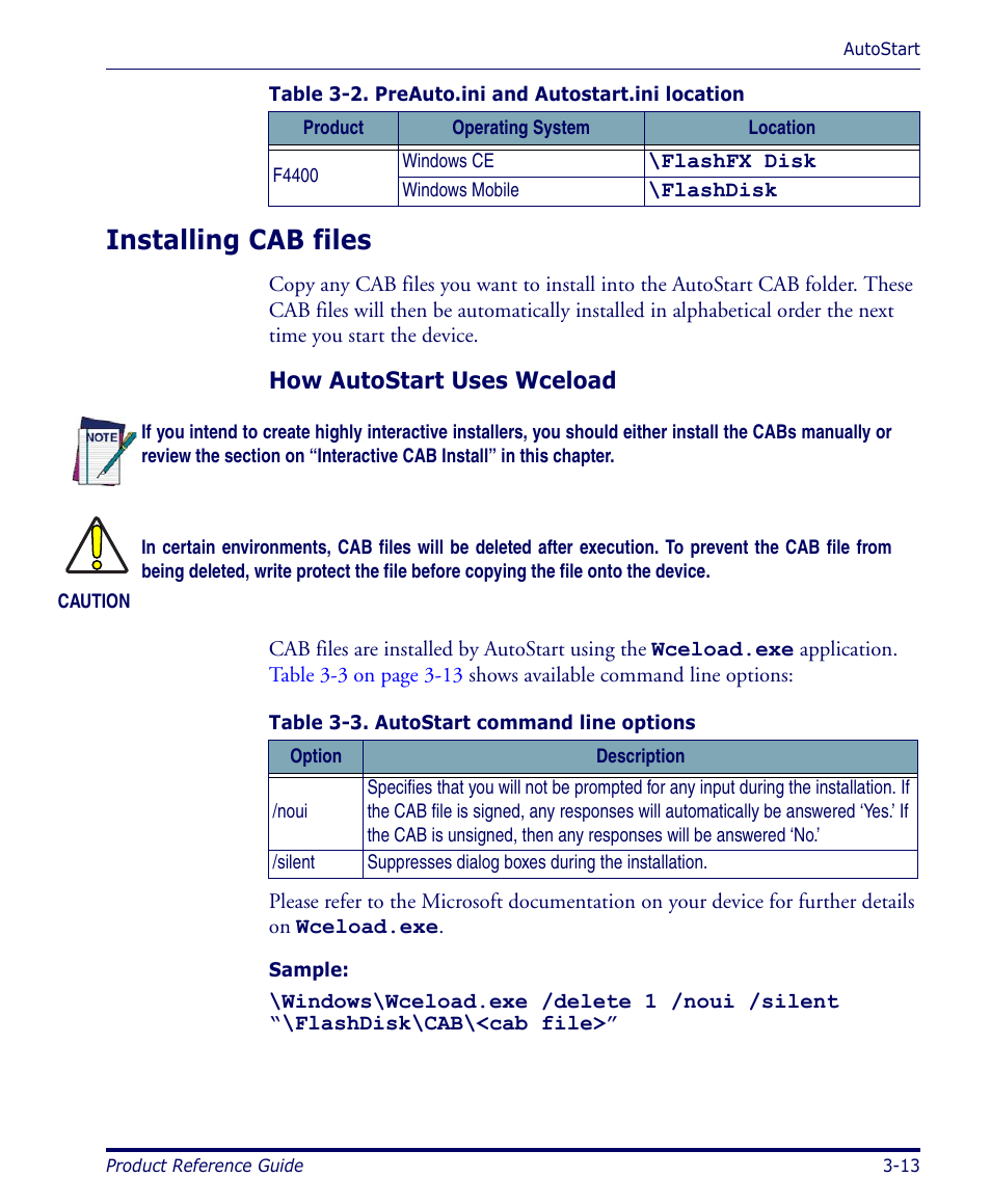 Installing cab files, How autostart uses wceload, Installing cab files -13 | Datalogic Scanning 4420 User Manual | Page 73 / 240