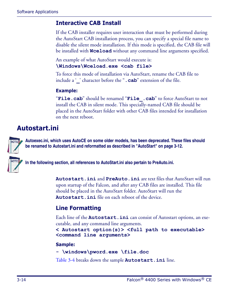 Interactive cab install, Autostart.ini, Line formatting | Autostart.ini -14 | Datalogic Scanning 4420 User Manual | Page 74 / 240