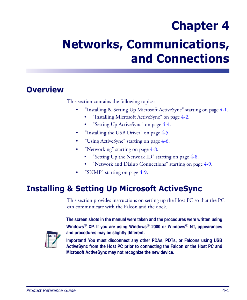 Networks, communications, and connections, Overview, Installing & setting up microsoft activesync | Chapter, Networks, Communications, and connections, starting on, To conn | Datalogic Scanning 4420 User Manual | Page 79 / 240