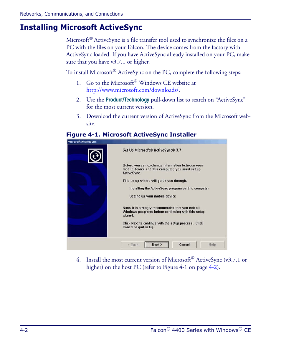 Installing microsoft activesync, Installing microsoft activesync -2 | Datalogic Scanning 4420 User Manual | Page 80 / 240