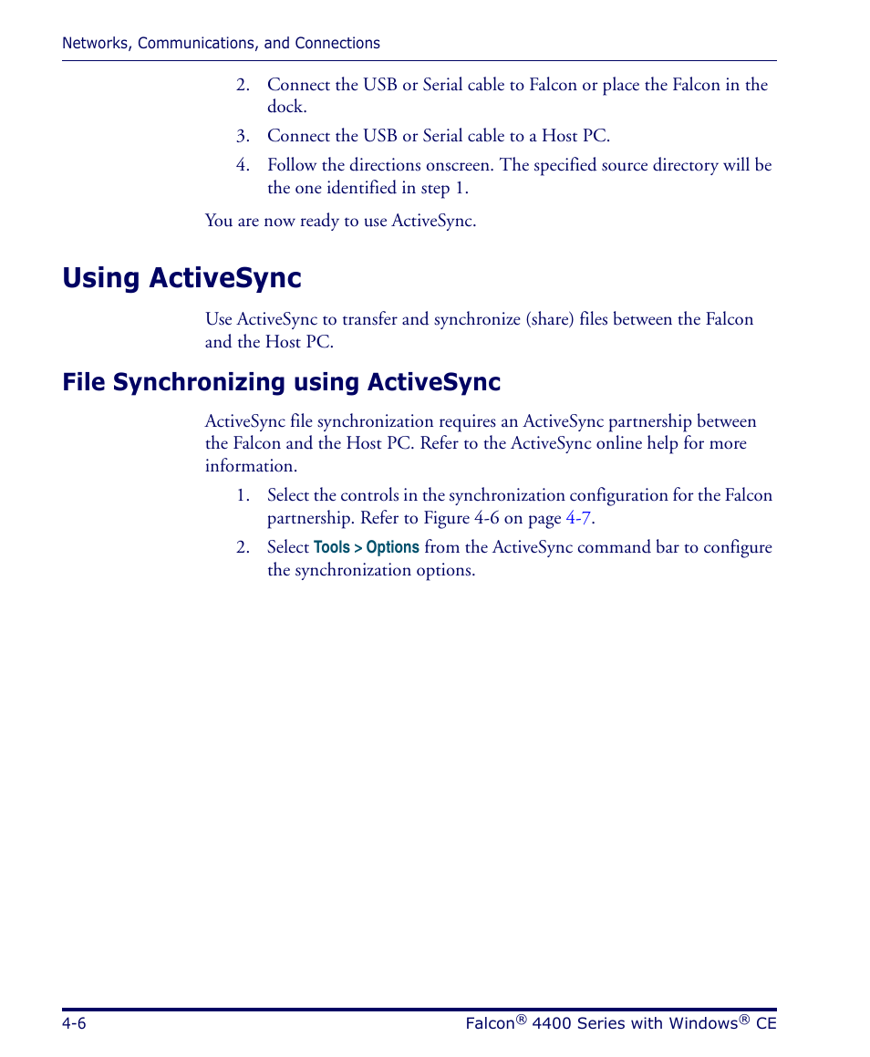 Using activesync, File synchronizing using activesync, Using activesync -6 | File synchronizing using activesync -6 | Datalogic Scanning 4420 User Manual | Page 84 / 240