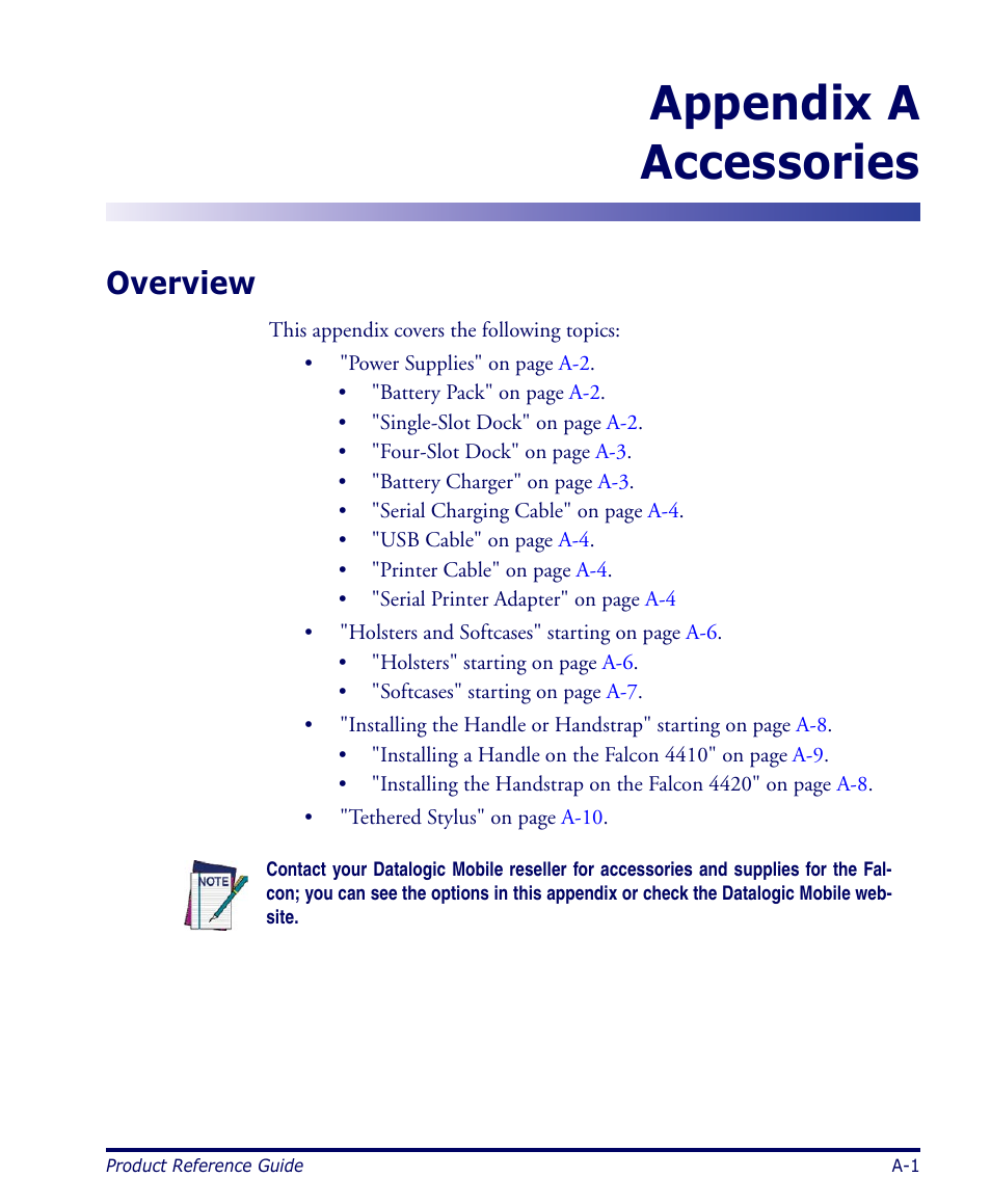 Accessories, Overview, Appendix | Appendix a, Appendix a accessories | Datalogic Scanning 4420 User Manual | Page 89 / 240