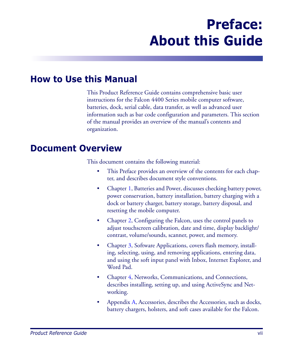 How to use this manual, Document overview, Preface: about this guide | Datalogic Scanning 4420 User Manual | Page 9 / 240