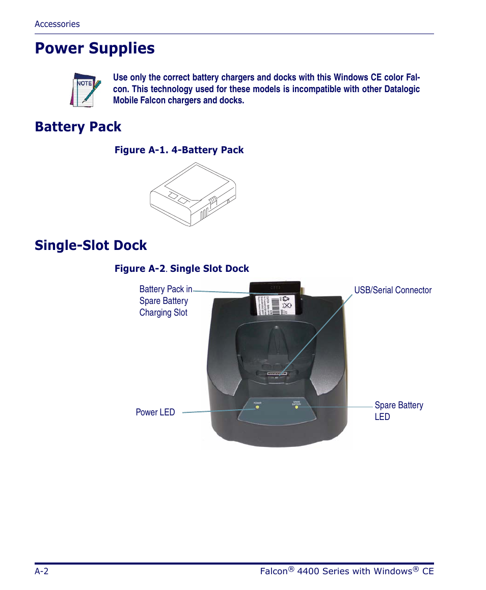Power supplies, Battery pack, Single-slot dock | Datalogic Scanning 4420 User Manual | Page 90 / 240
