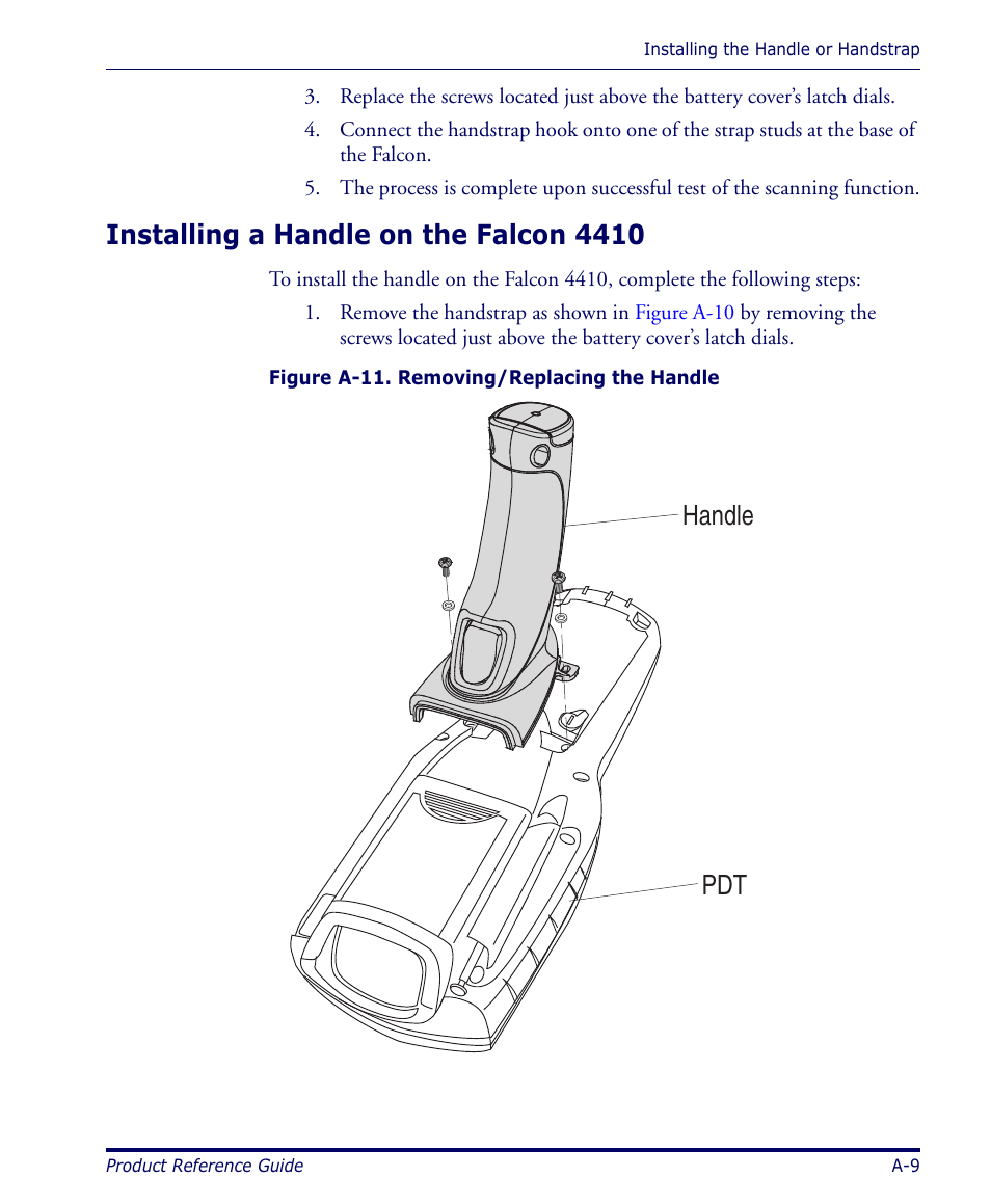 Installing a handle on the falcon 4410, Figure a-11, Handle pdt | Datalogic Scanning 4420 User Manual | Page 97 / 240