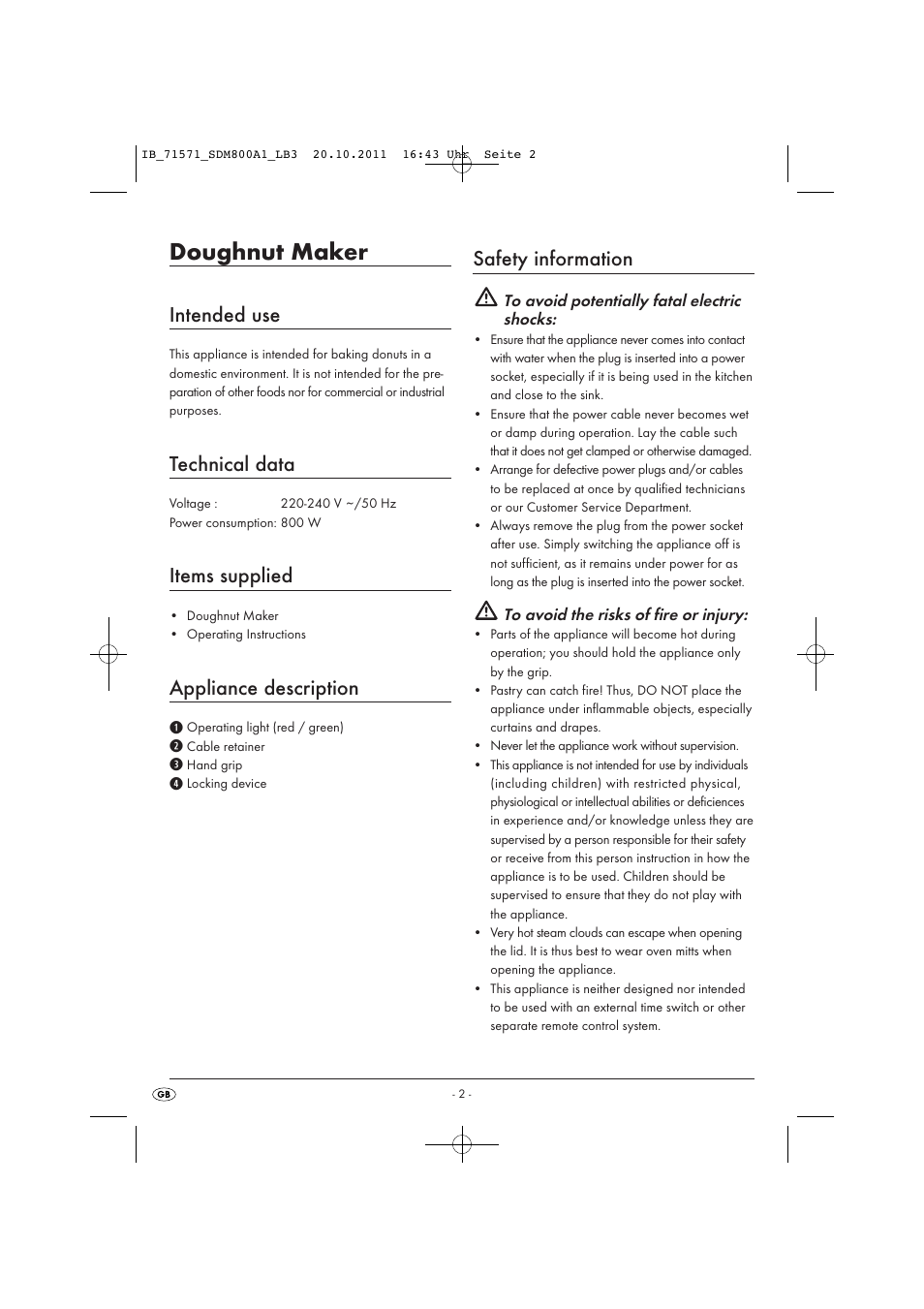 Doughnut maker, Intended use, Technical data | Items supplied, Appliance description, Safety information | Silvercrest SDM 800 A1 User Manual | Page 4 / 14