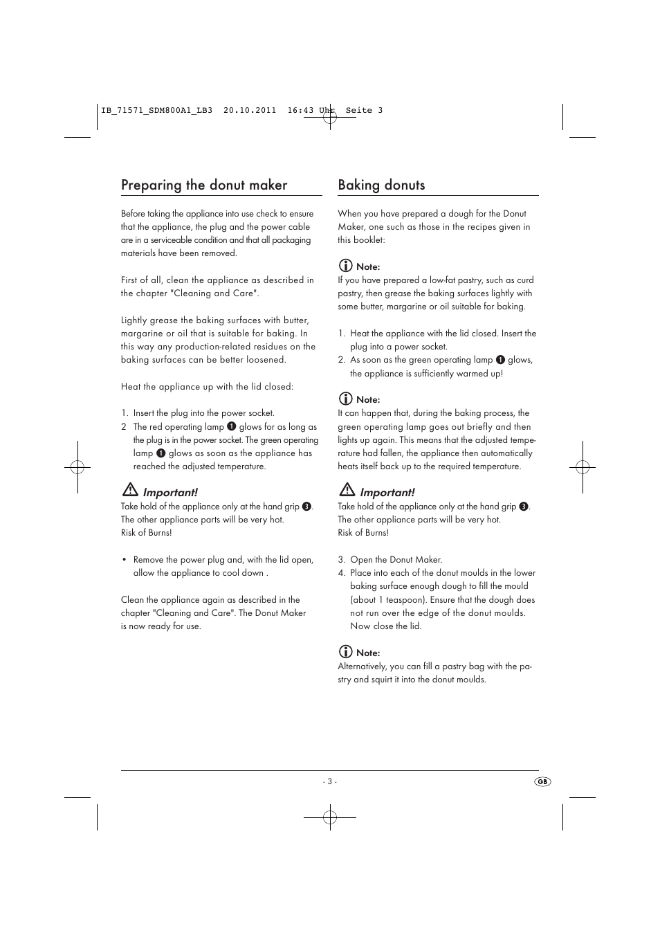 Preparing the donut maker, Baking donuts, Important | Silvercrest SDM 800 A1 User Manual | Page 5 / 14